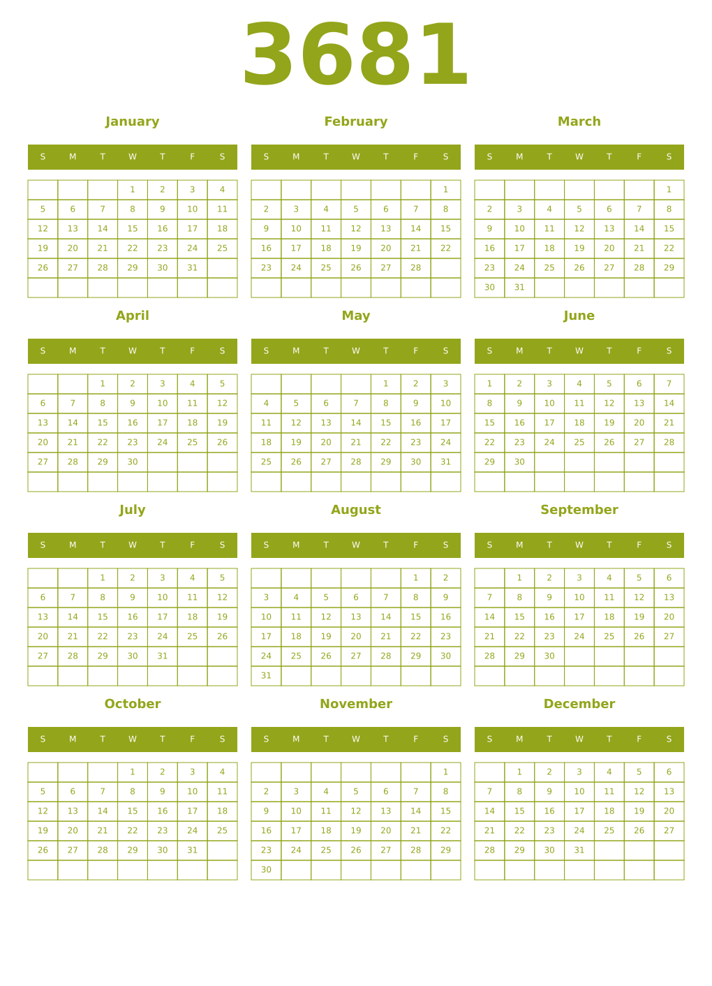 Printable 3681 Year Calendars chartreuse