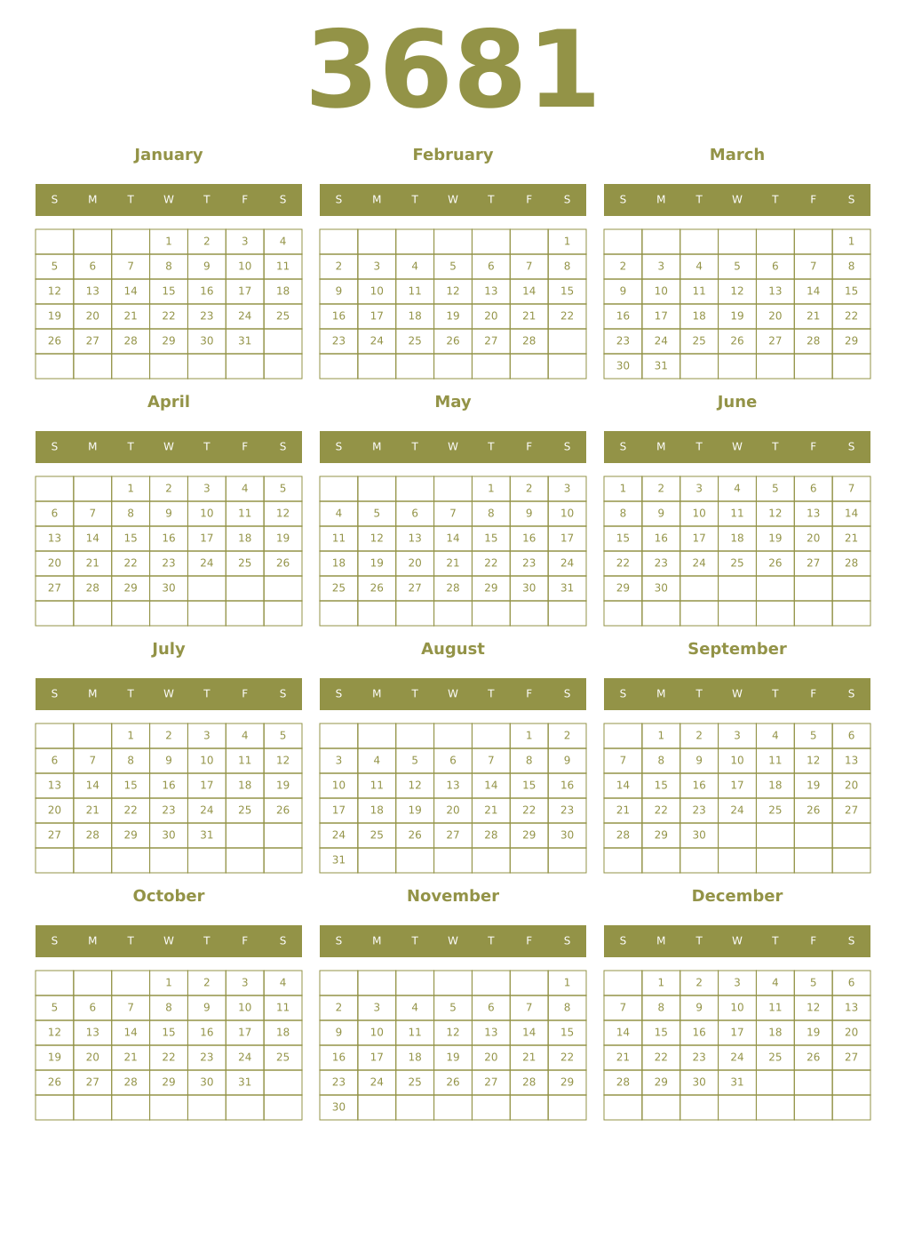Printable 3681 Year Calendars eburnean