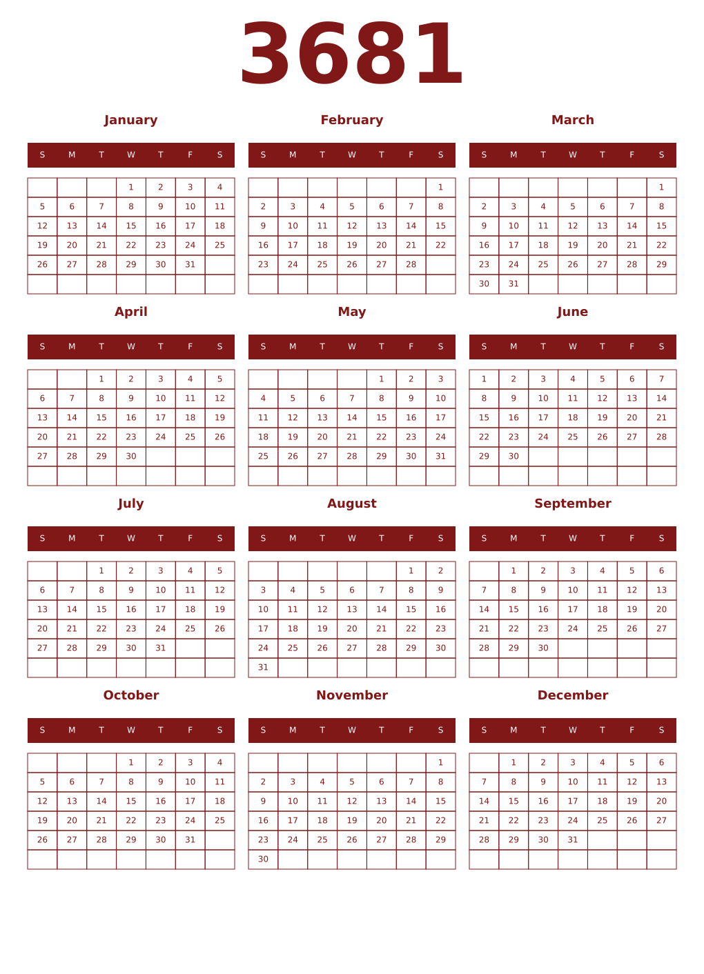 Printable 3681 Year Calendars falu