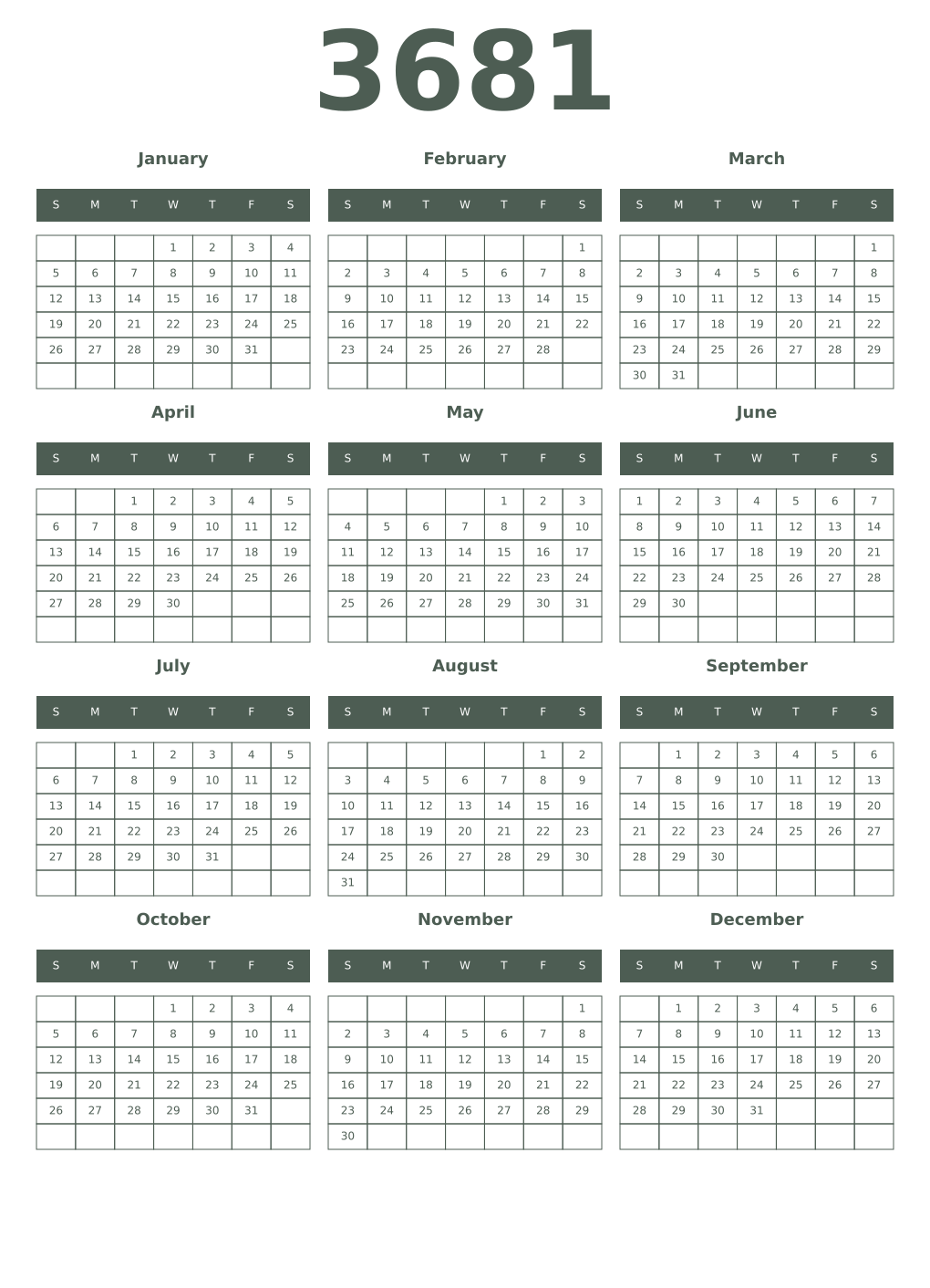 Printable 3681 Year Calendars feldgrau