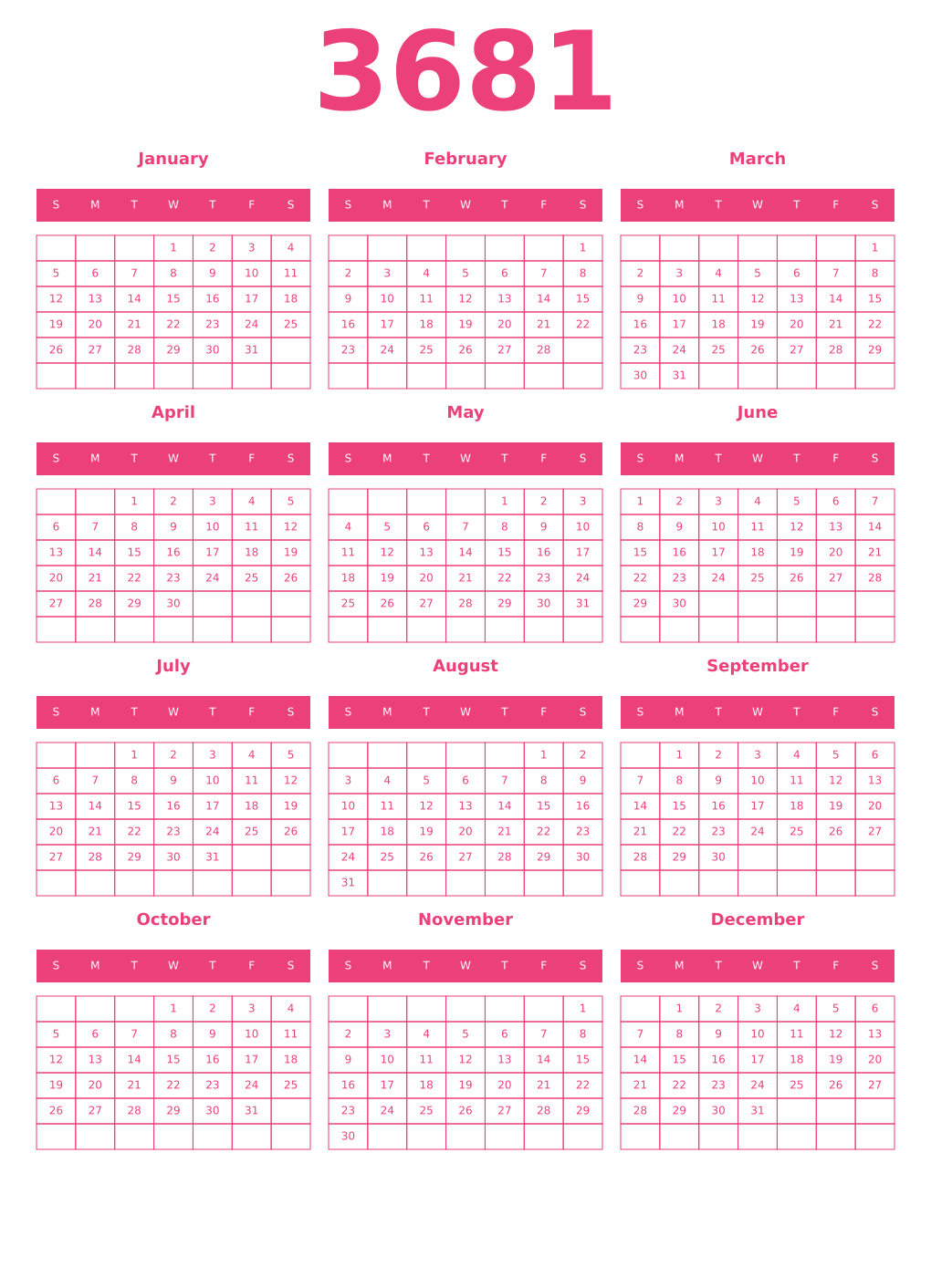 Printable 3681 Year Calendars pink