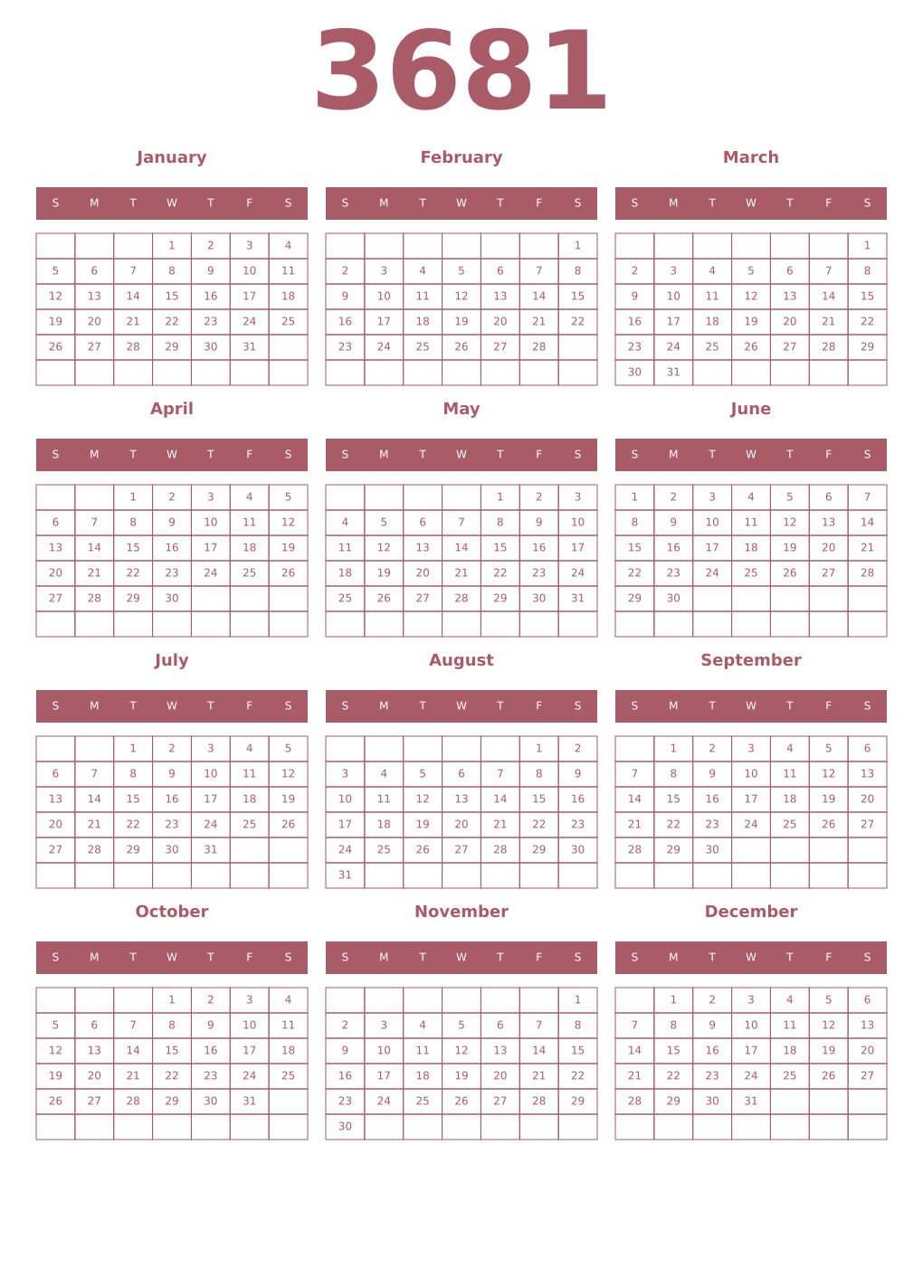 Printable 3681 Year Calendars puce