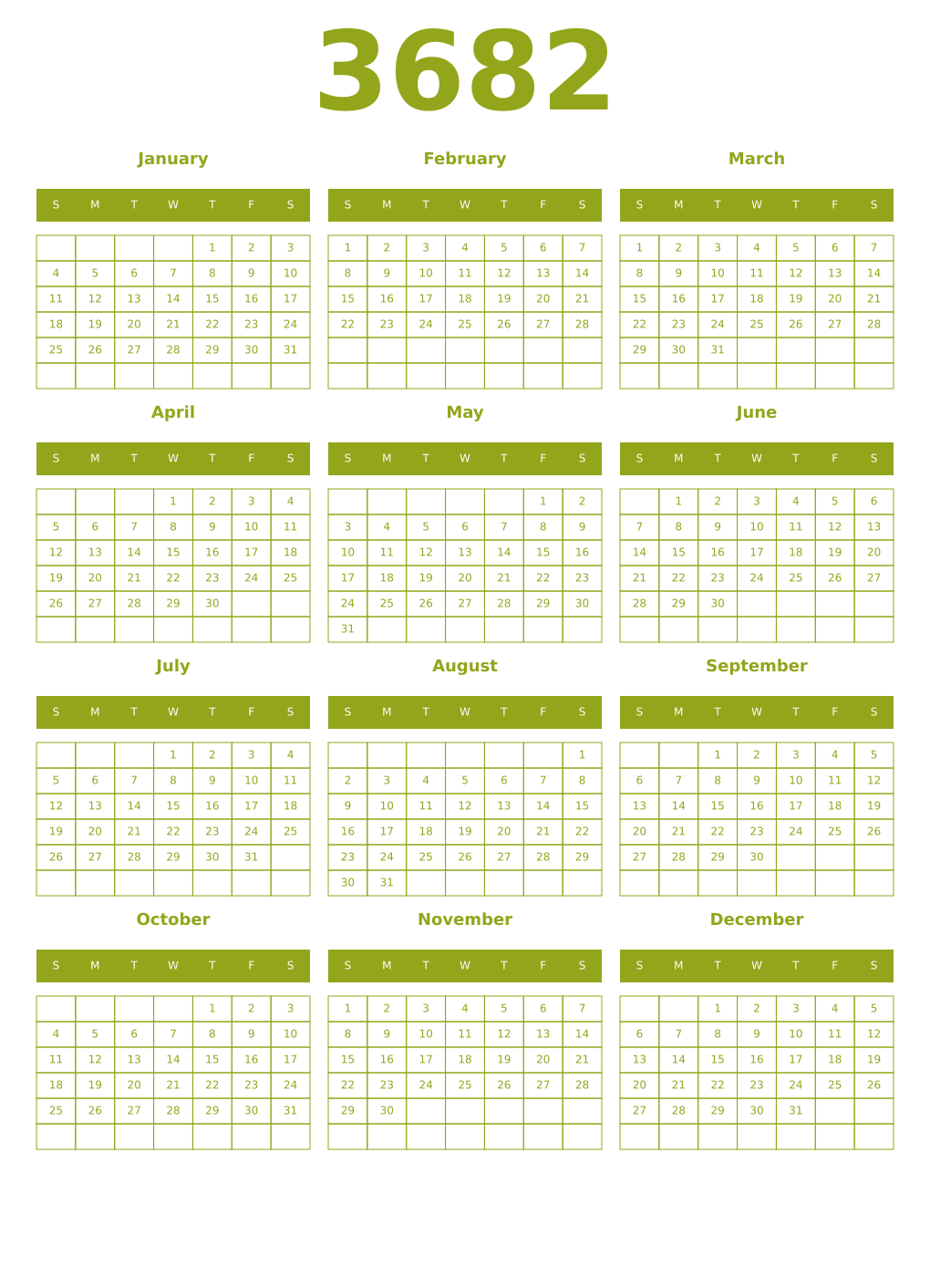 Printable 3682 Year Calendars chartreuse
