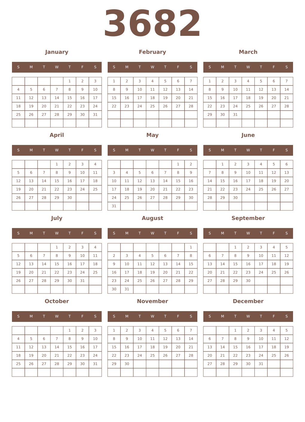 Printable 3682 Year Calendars coffe