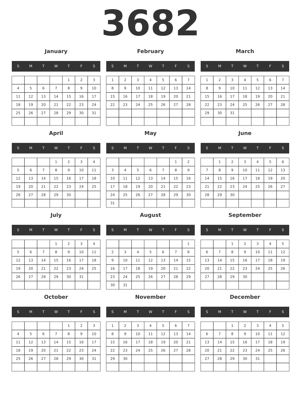 Printable 3682 Year Calendars dark