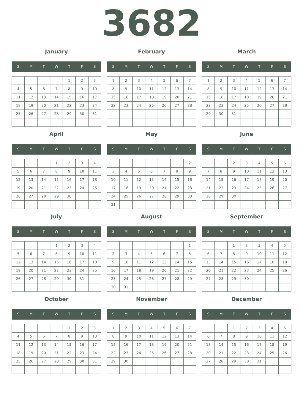 Printable 3682 Year Calendars feldgrau