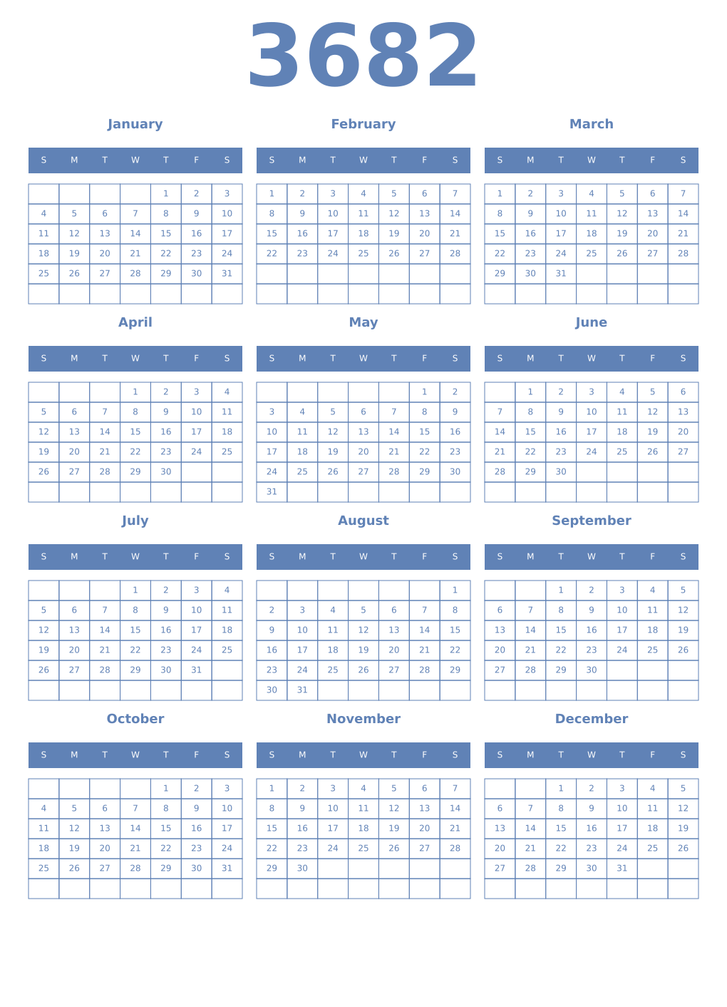 Printable 3682 Year Calendars glaucous