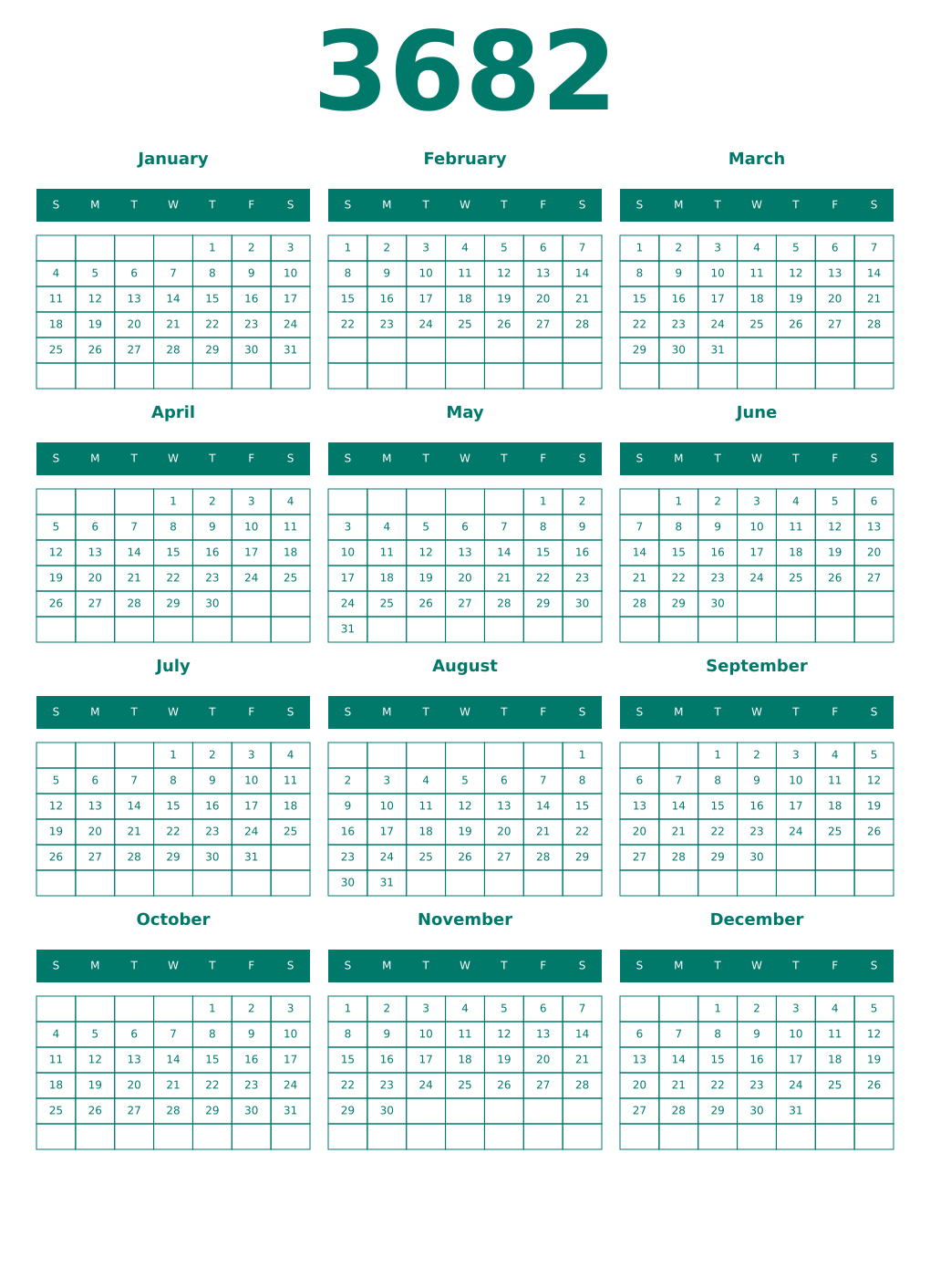 Printable 3682 Year Calendars pastel