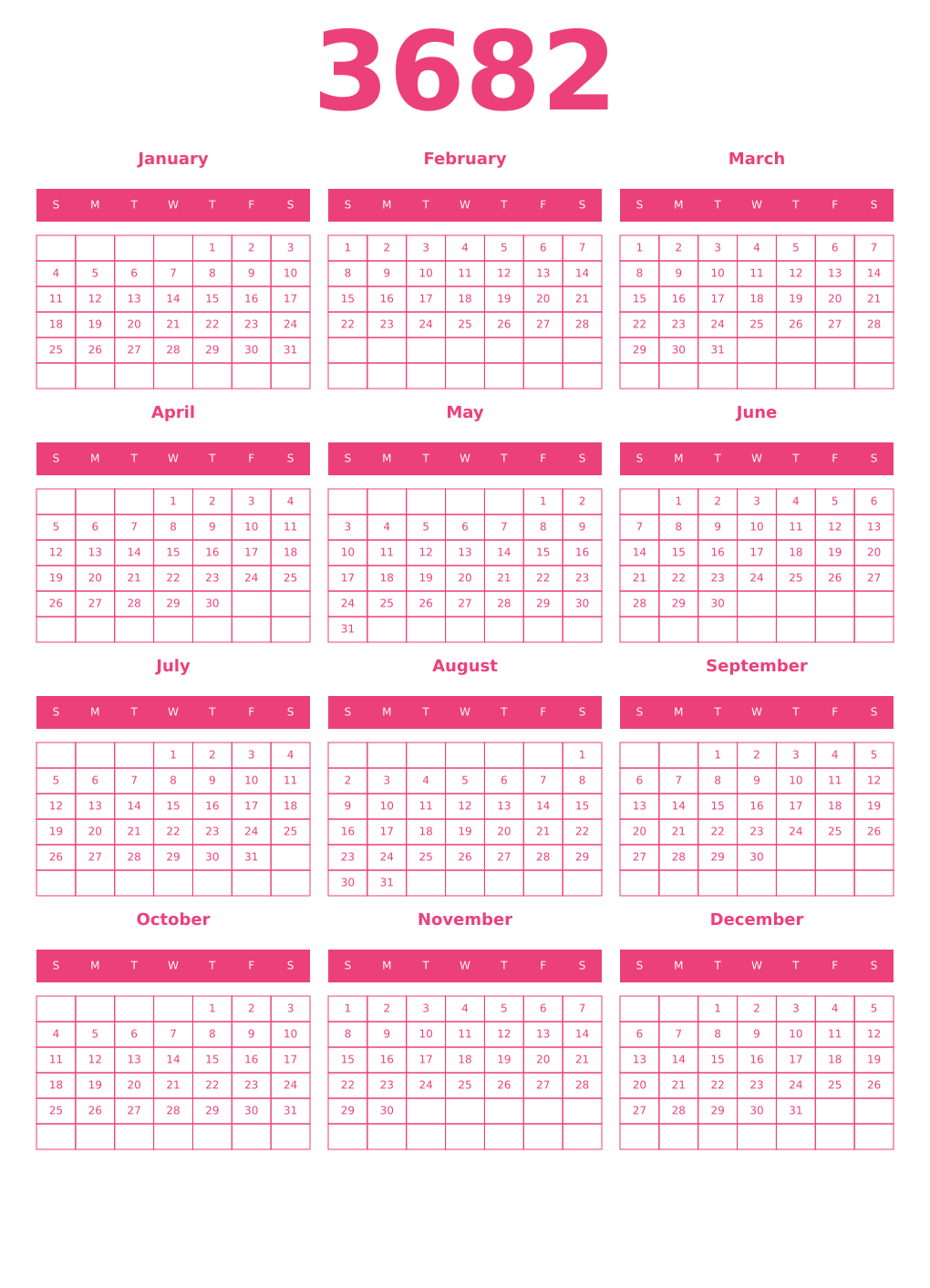 Printable 3682 Year Calendars pink