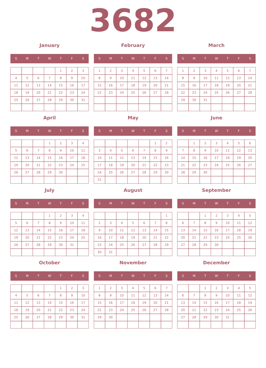 Printable 3682 Year Calendars puce