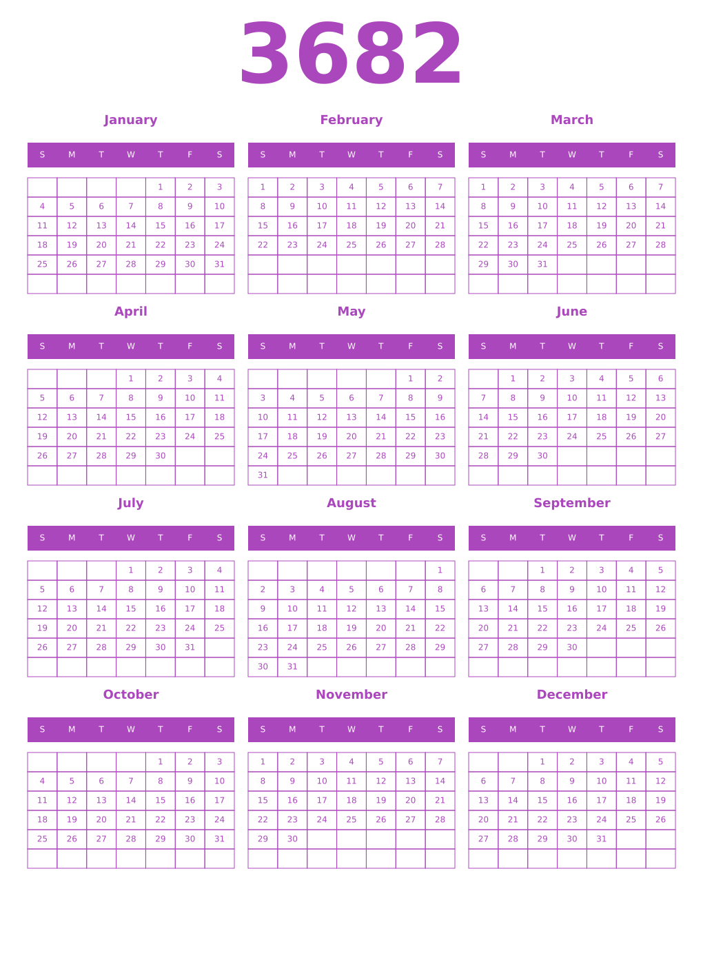 Printable 3682 Year Calendars purple