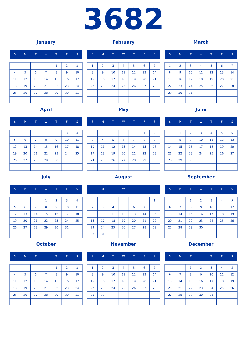 Printable 3682 Year Calendars smalt