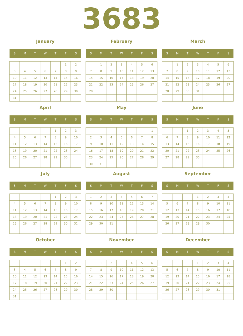 Printable 3683 Year Calendars eburnean