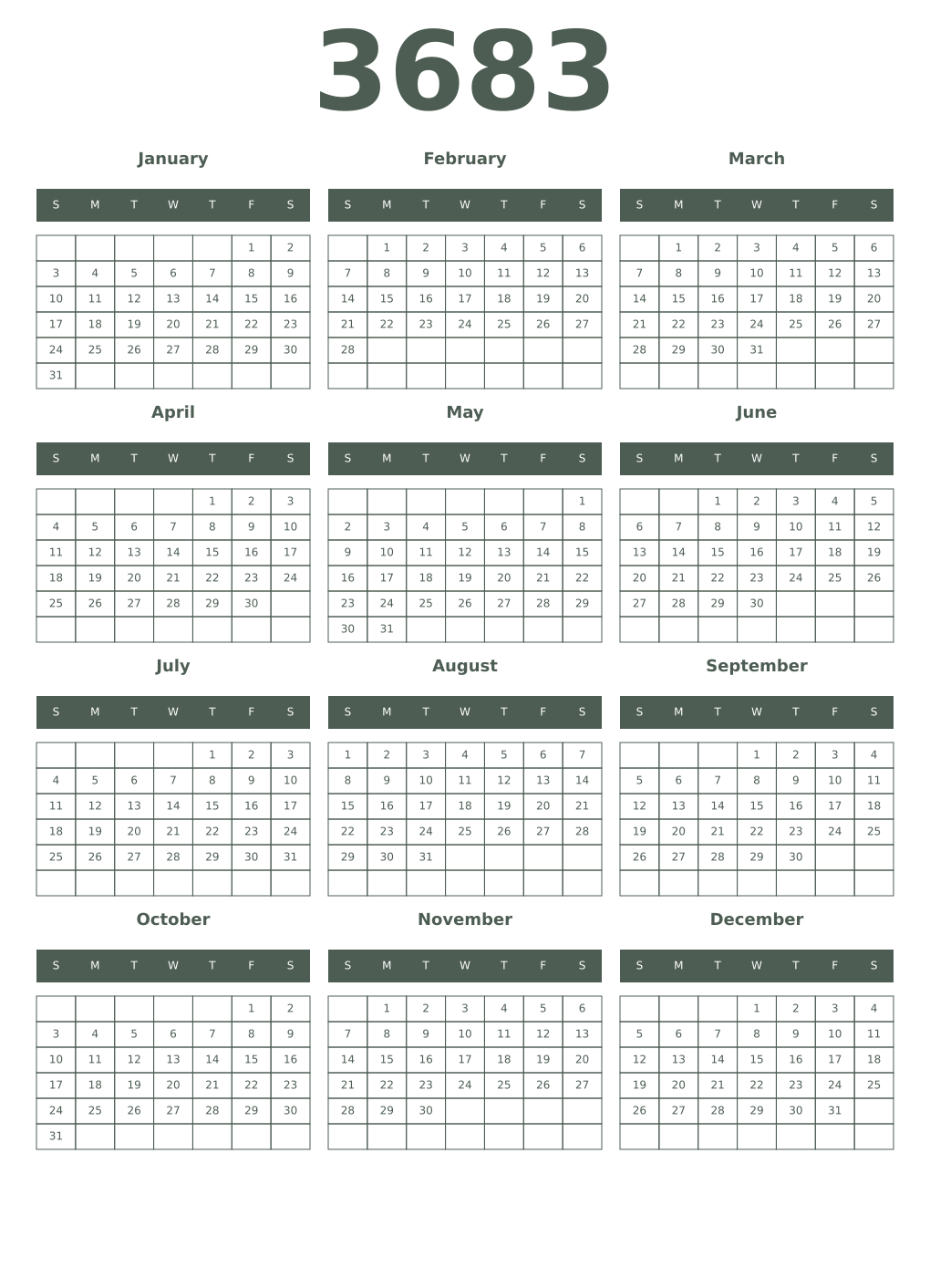 Printable 3683 Year Calendars feldgrau