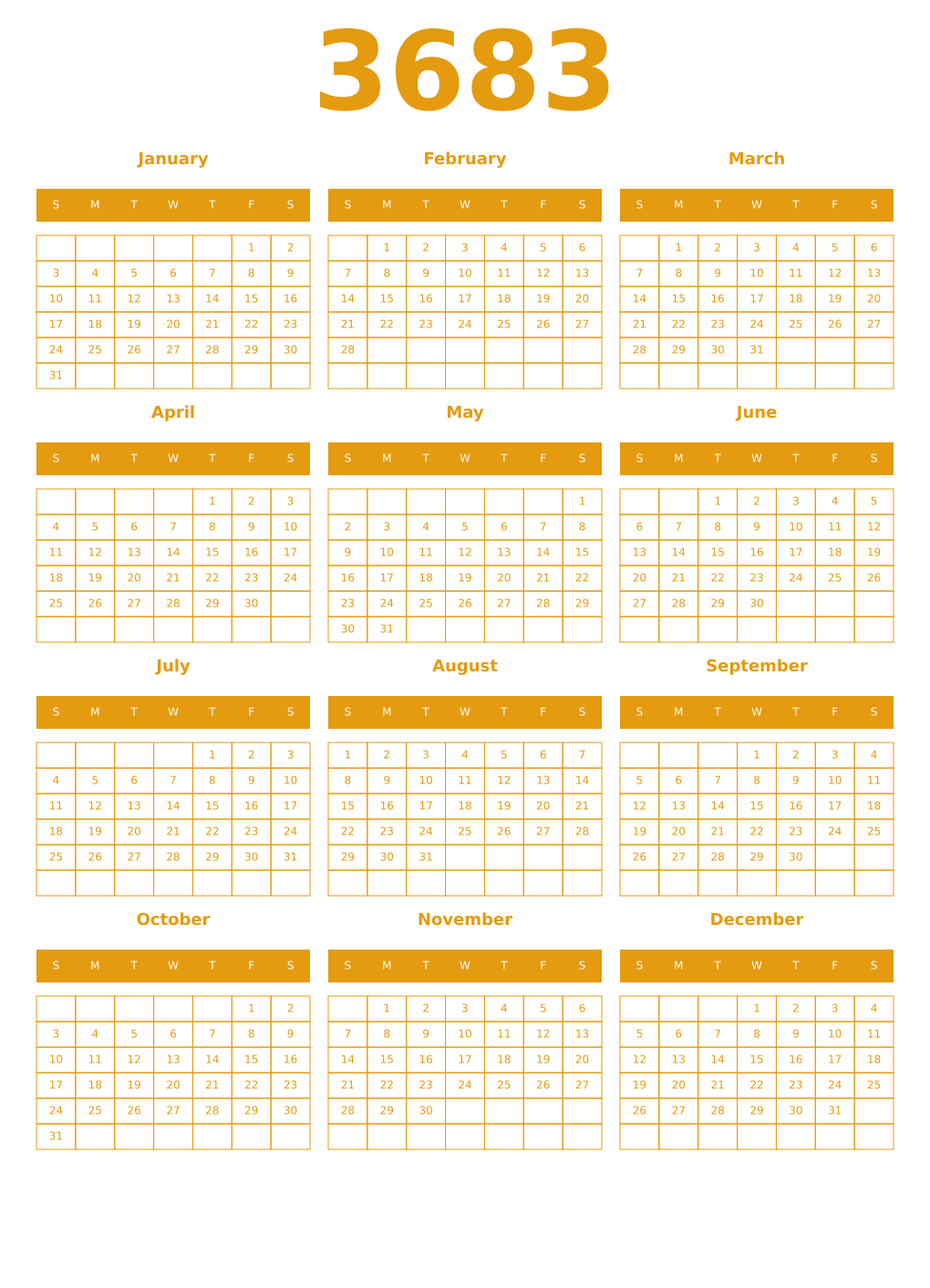 Printable 3683 Year Calendars gamboge