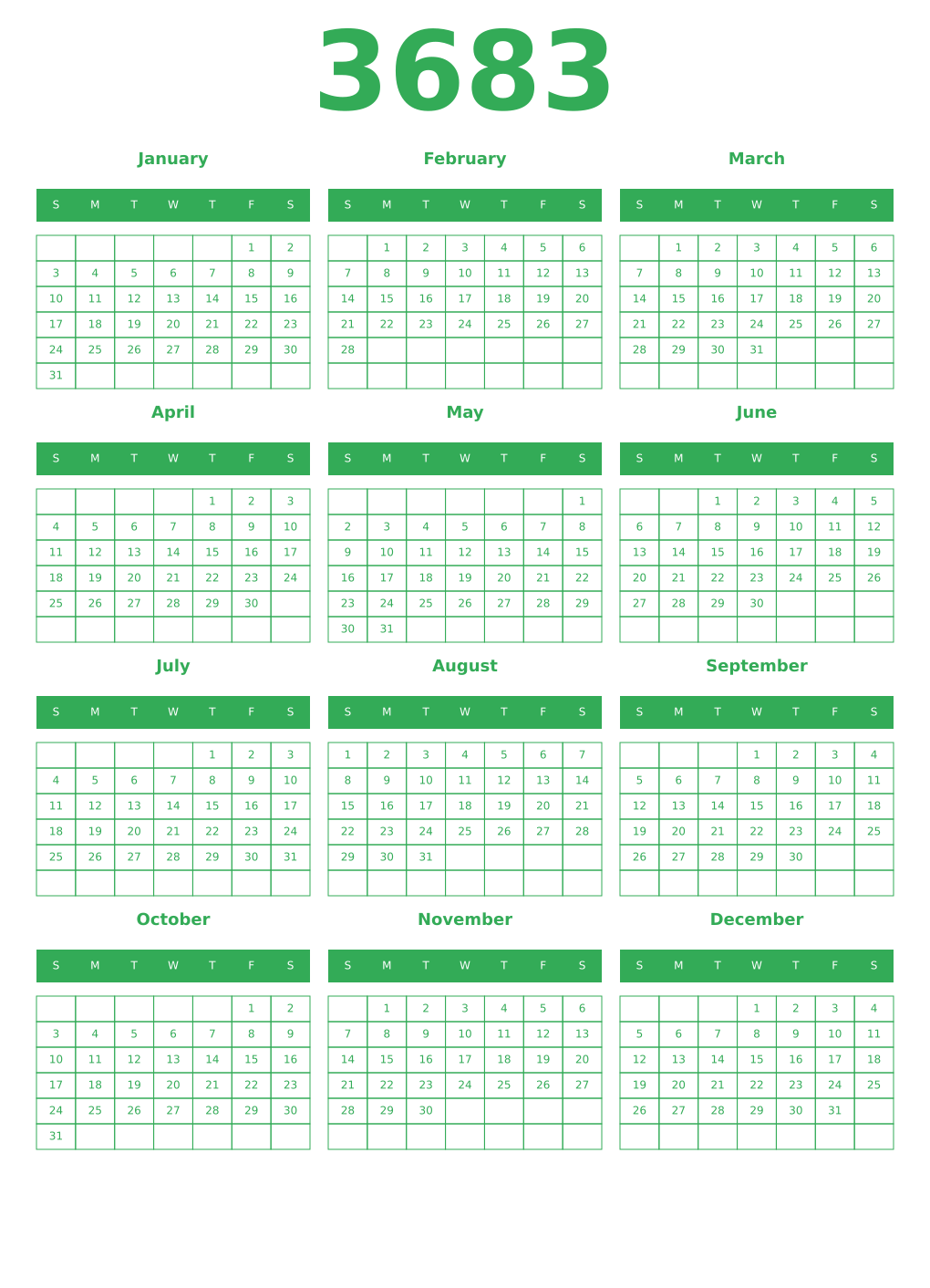 Printable 3683 Year Calendars green