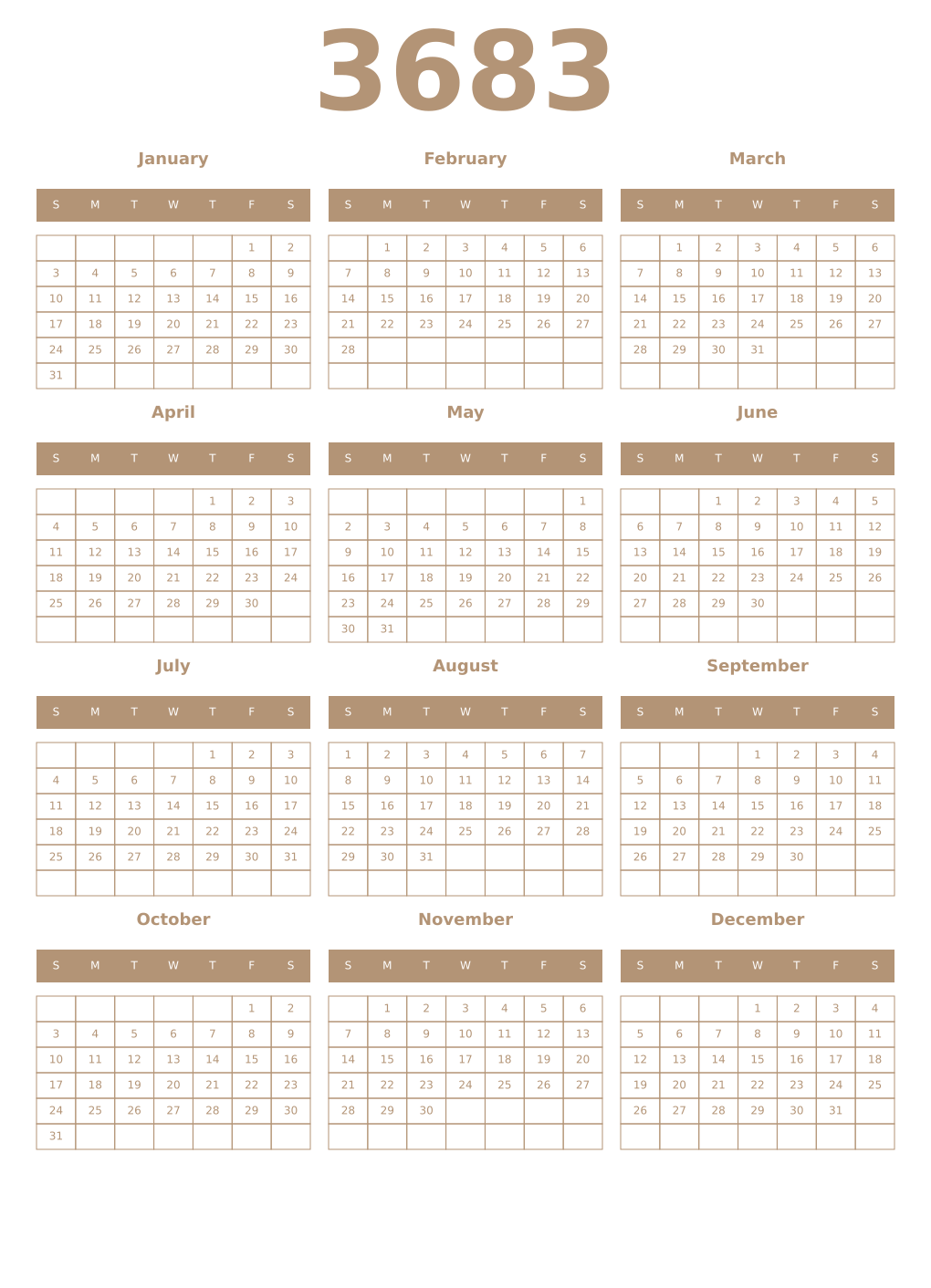 Printable 3683 Year Calendars isabelline