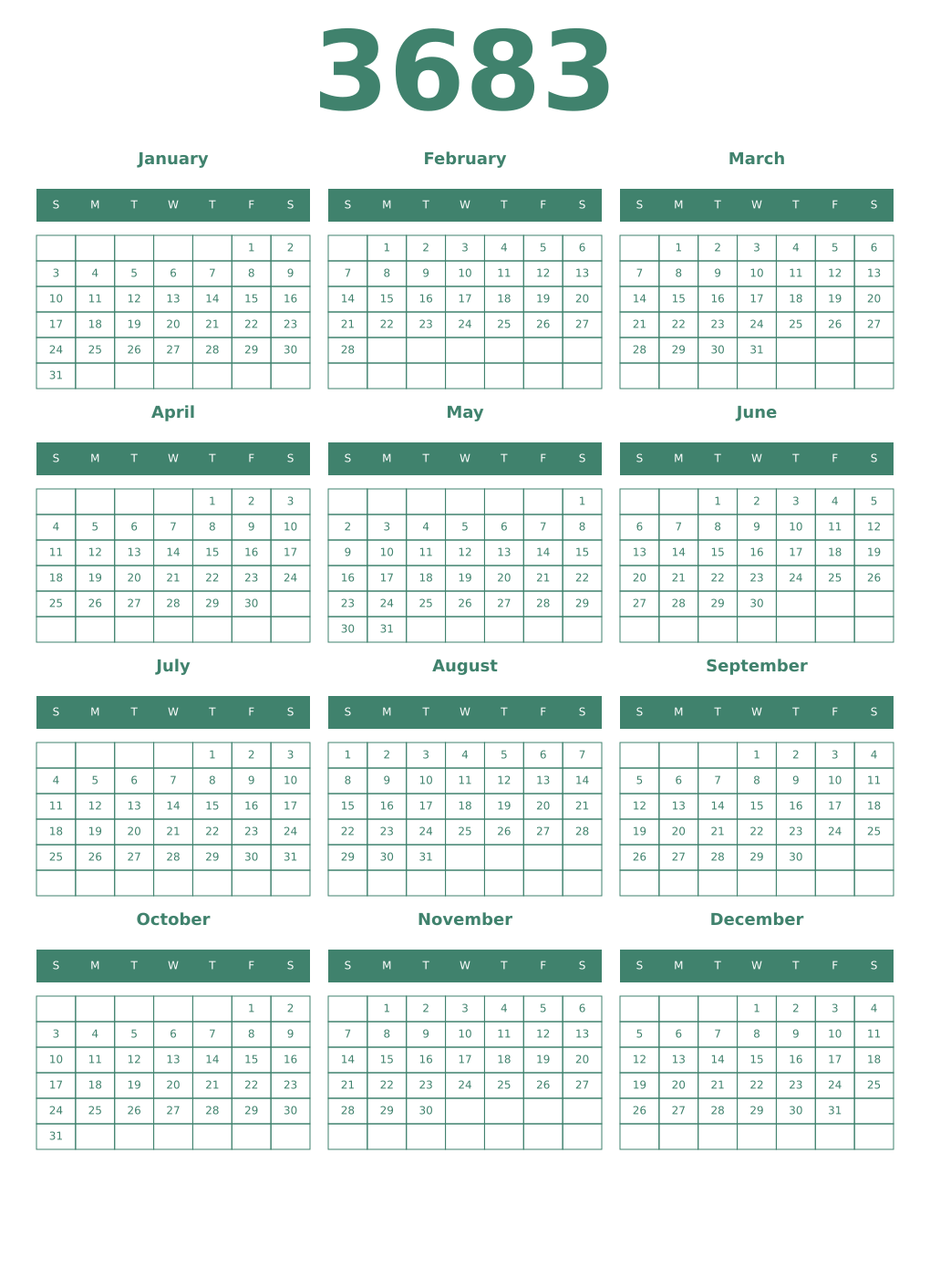 Printable 3683 Year Calendars viridian