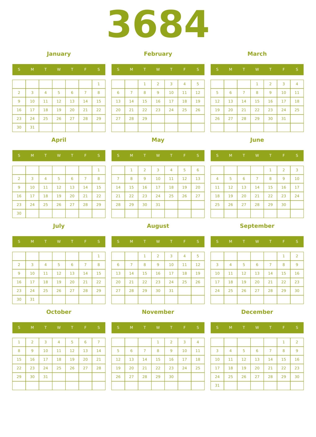 Printable 3684 Year Calendars chartreuse