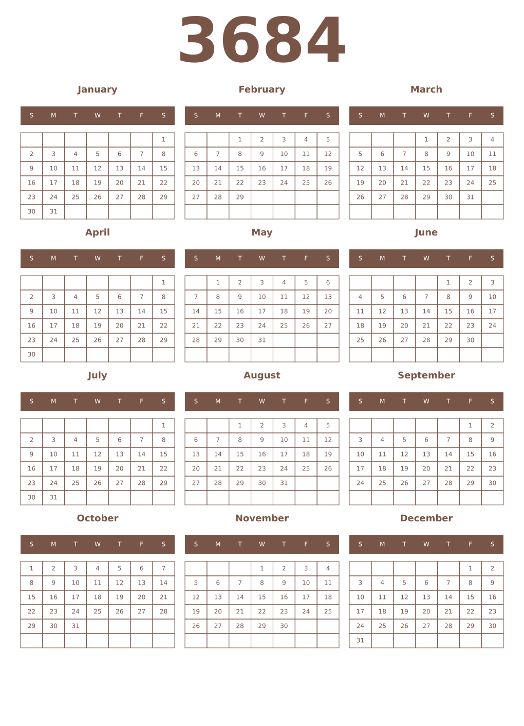 Printable 3684 Year Calendars coffe
