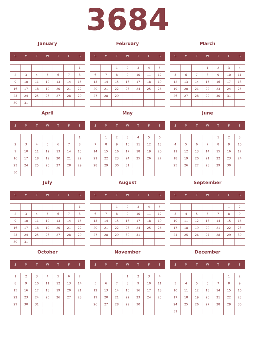 Printable 3684 Year Calendars cordovan