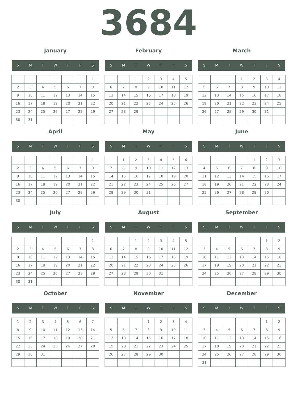 Printable 3684 Year Calendars feldgrau