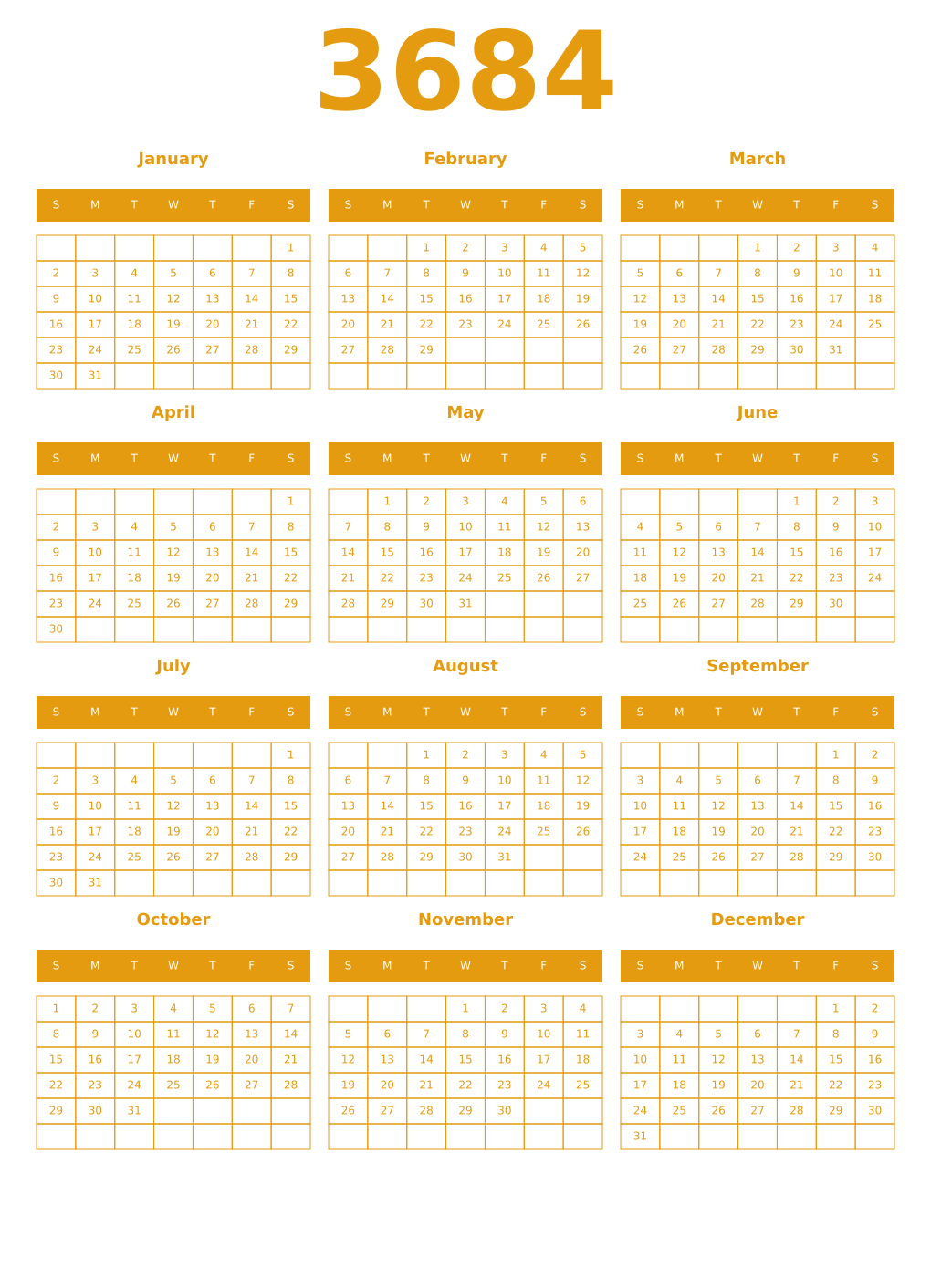 Printable 3684 Year Calendars gamboge