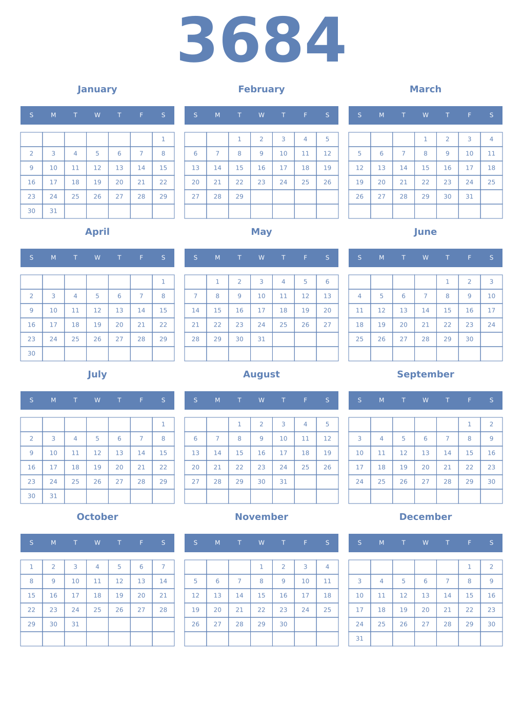 Printable 3684 Year Calendars glaucous