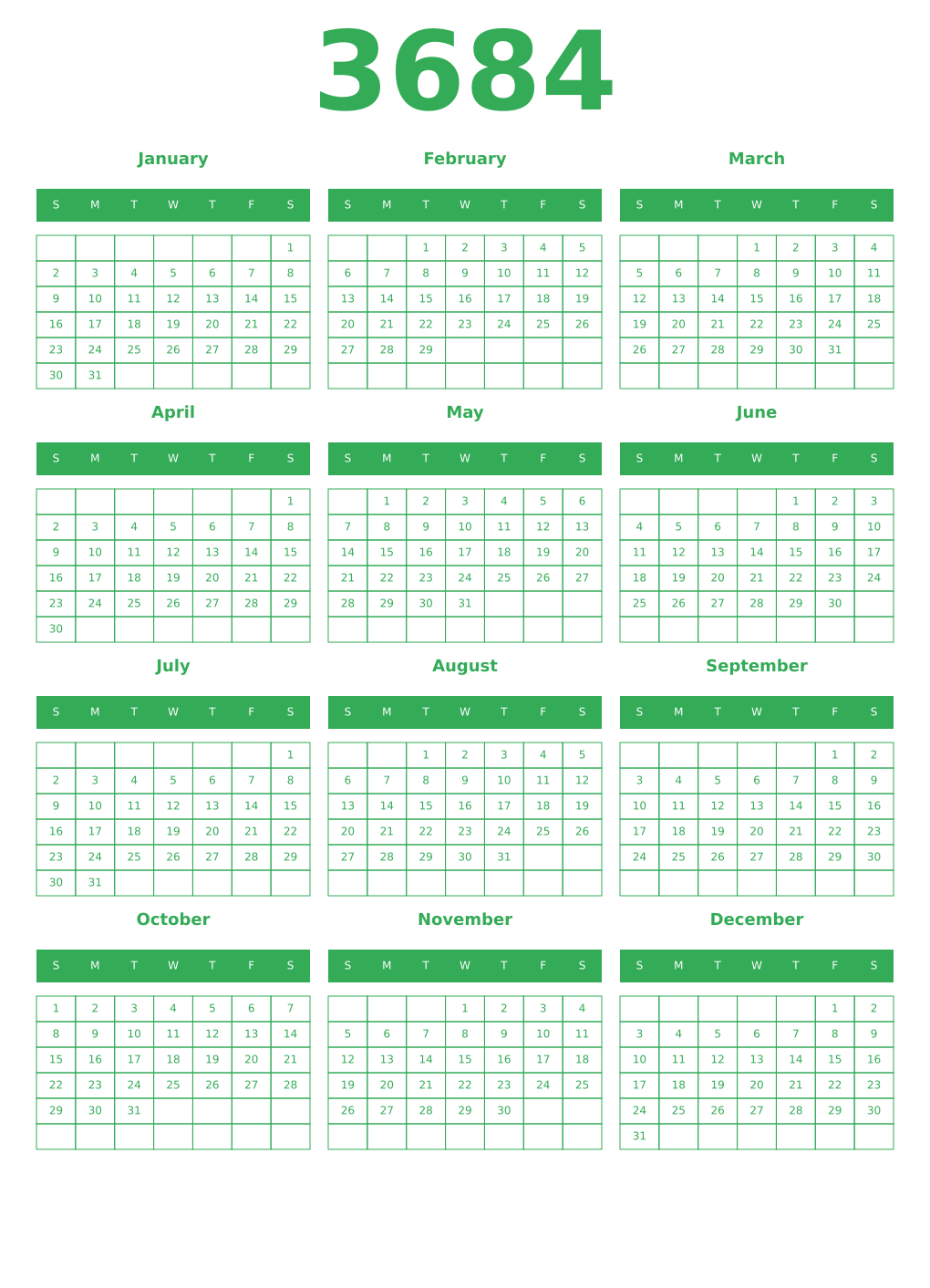 Printable 3684 Year Calendars green