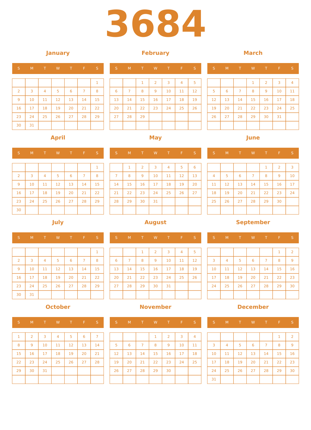 Printable 3684 Year Calendars orange