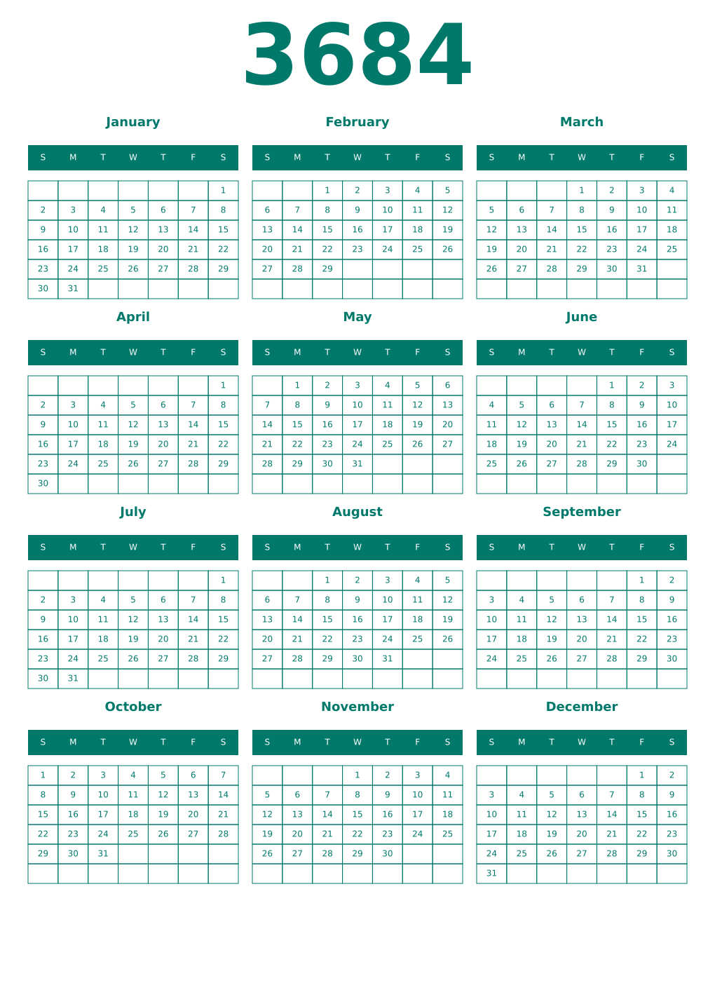 Printable 3684 Year Calendars pastel