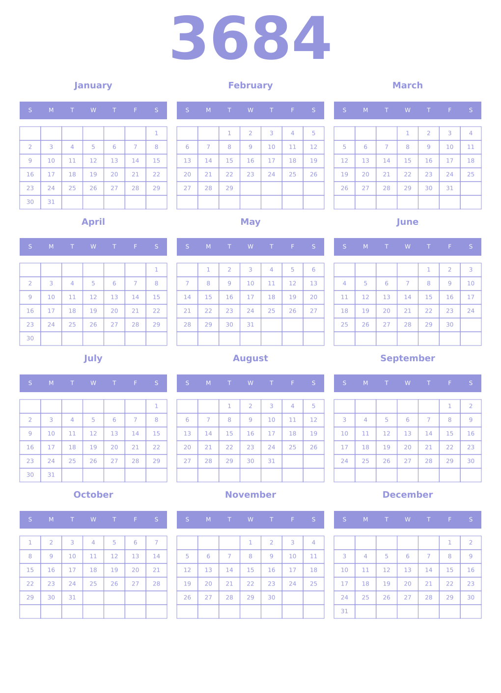 Printable 3684 Year Calendars periwinkle