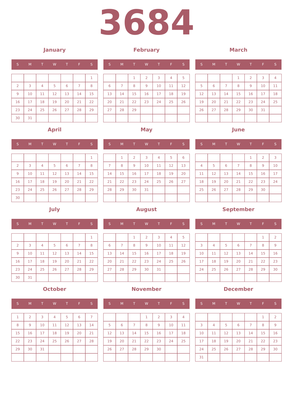 Printable 3684 Year Calendars puce