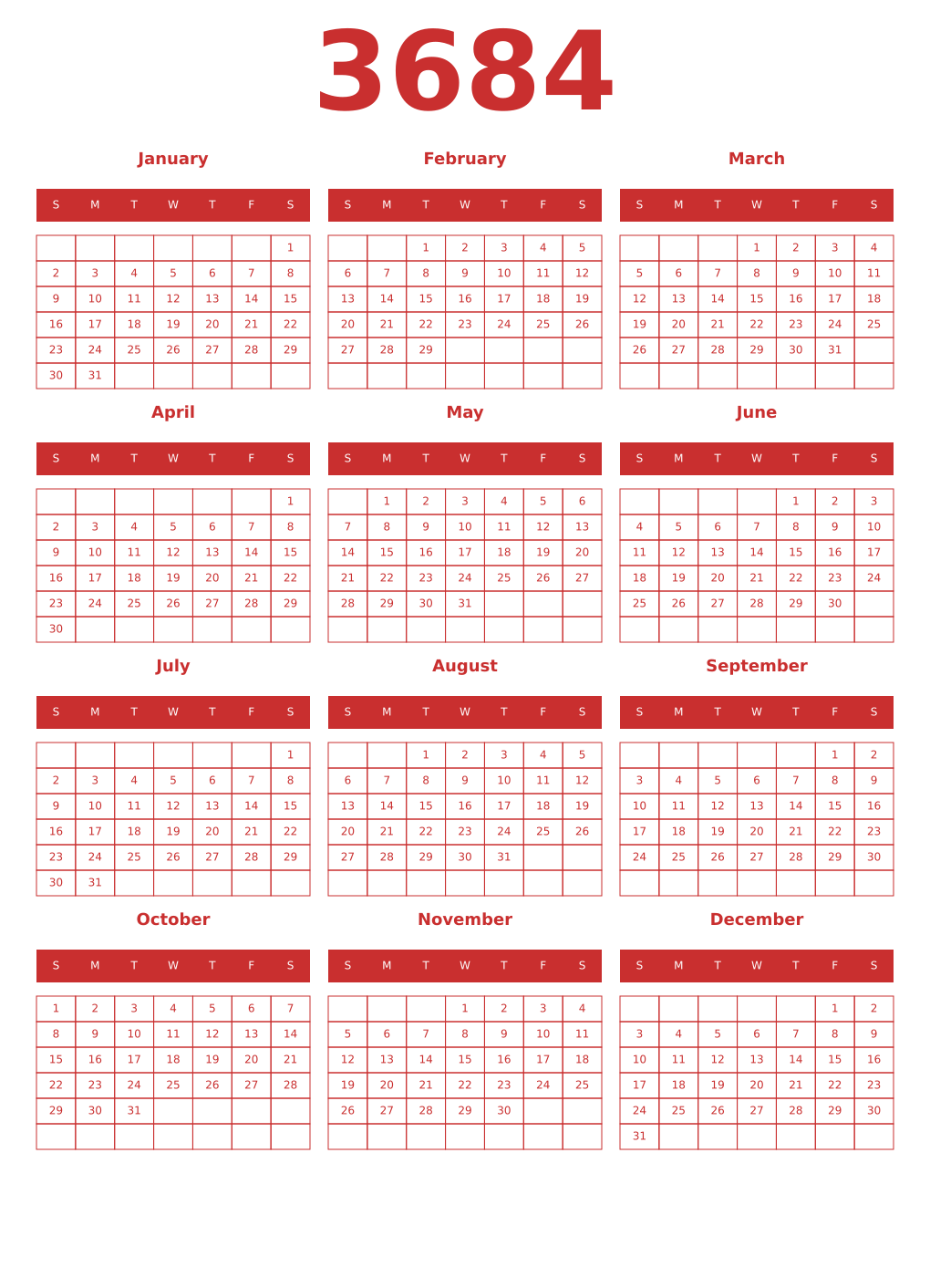 Printable 3684 Year Calendars red