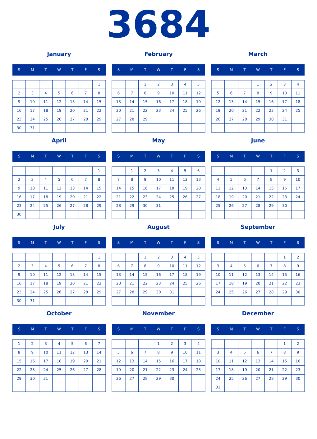 Printable 3684 Year Calendars smalt