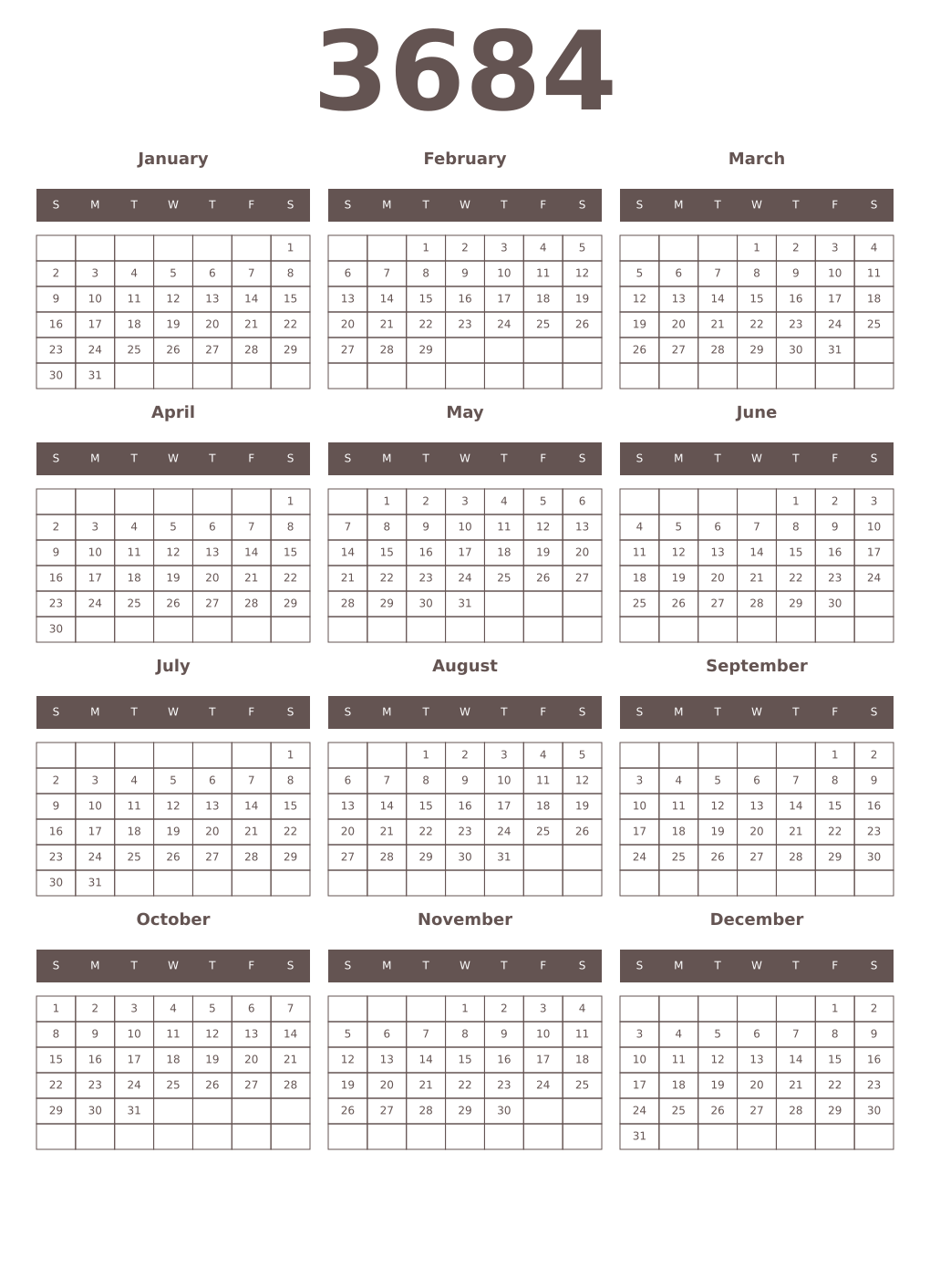 Printable 3684 Year Calendars wenge