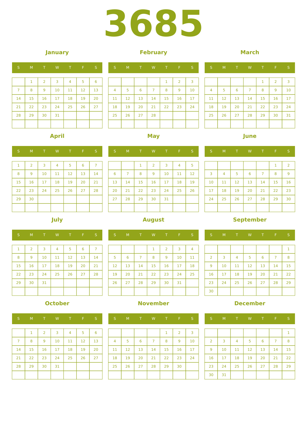 Printable 3685 Year Calendars chartreuse