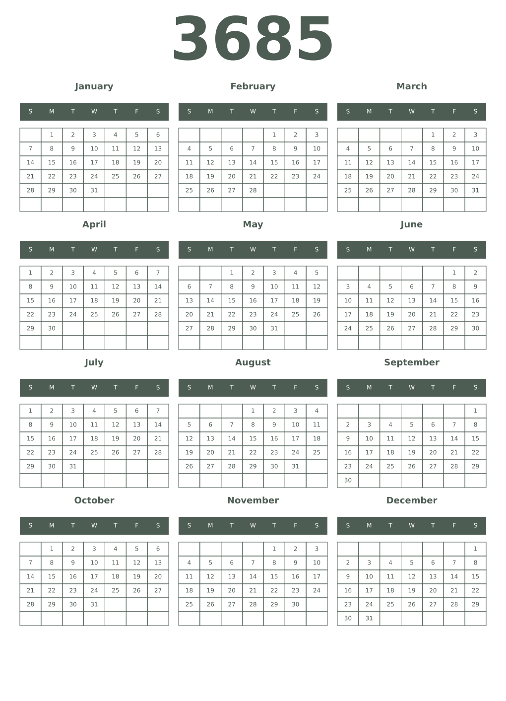 Printable 3685 Year Calendars feldgrau