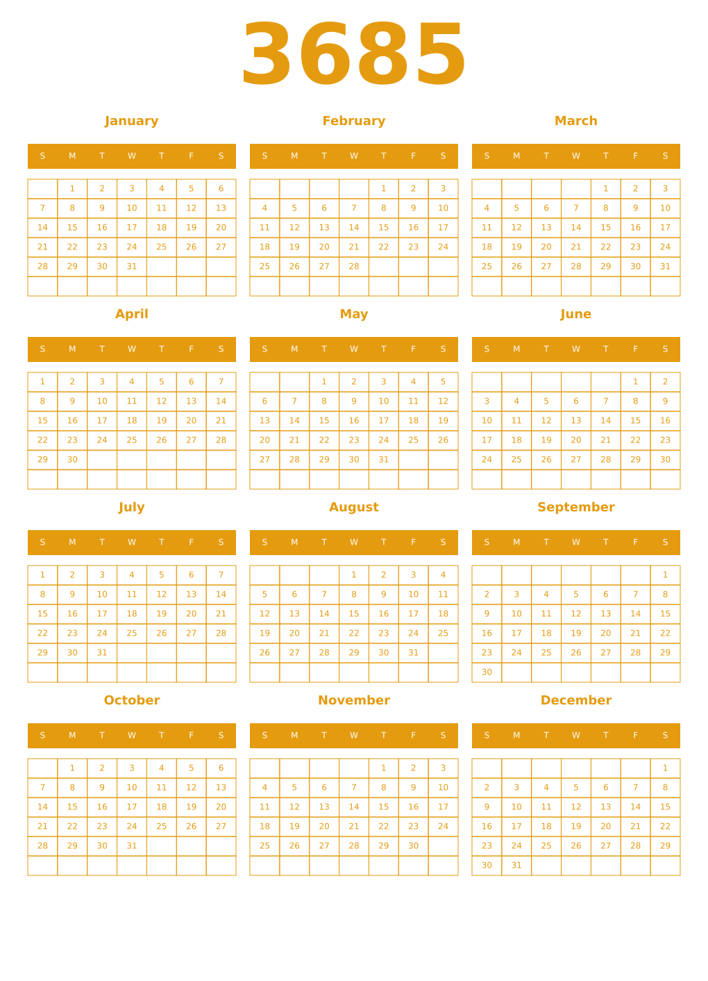 Printable 3685 Year Calendars gamboge