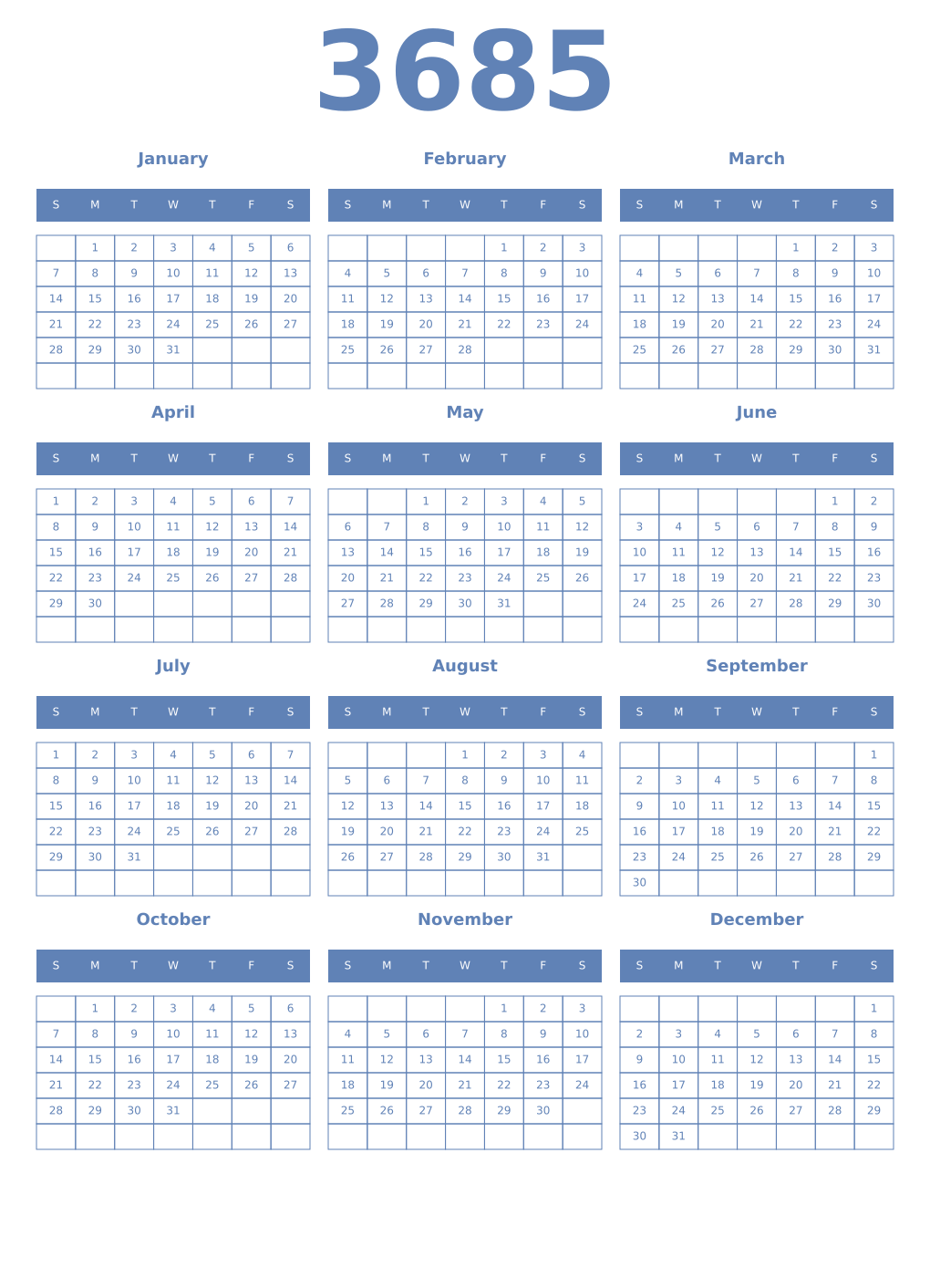 Printable 3685 Year Calendars glaucous