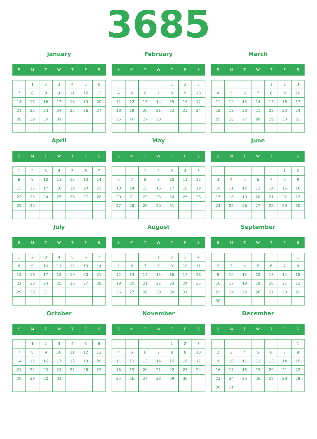 Printable 3685 Year Calendars green