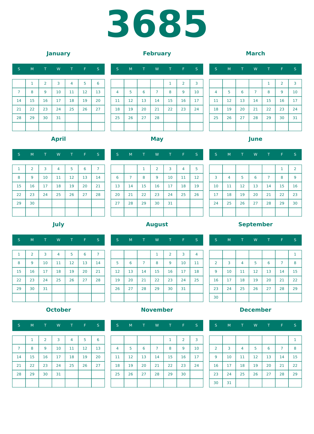 Printable 3685 Year Calendars pastel