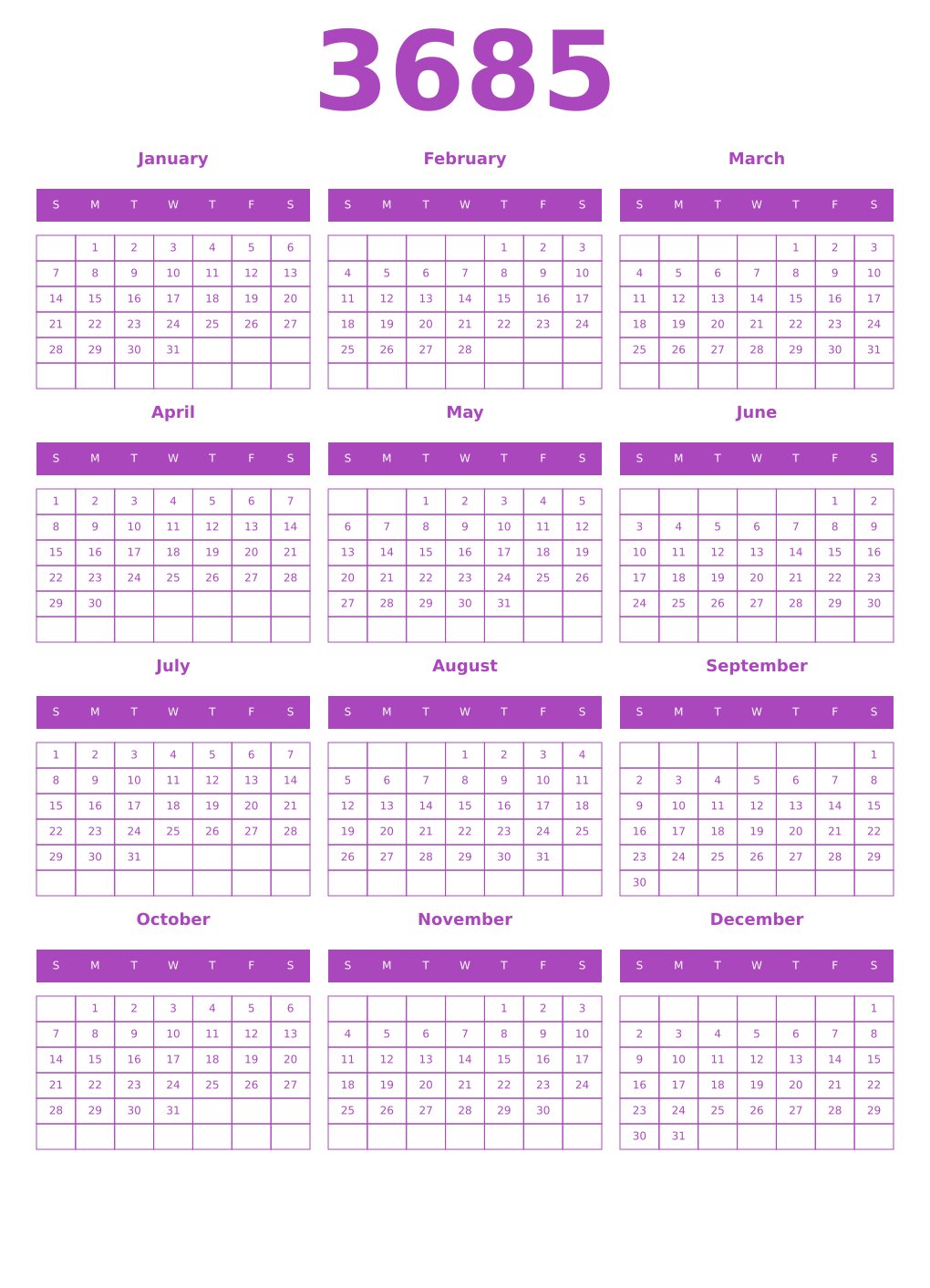 Printable 3685 Year Calendars purple