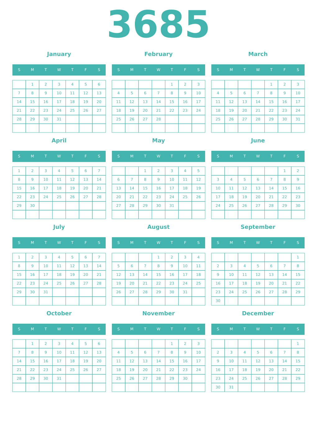 Printable 3685 Year Calendars verdigris