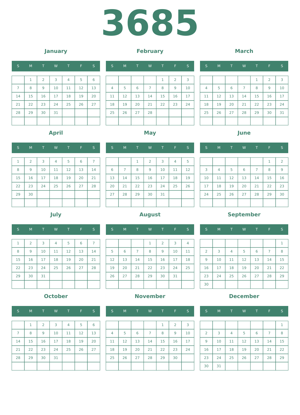 Printable 3685 Year Calendars viridian