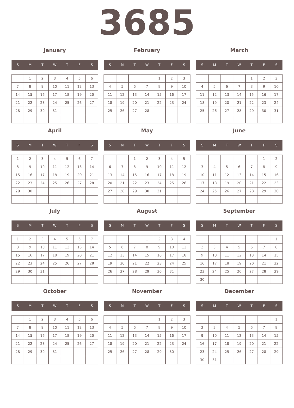 Printable 3685 Year Calendars wenge
