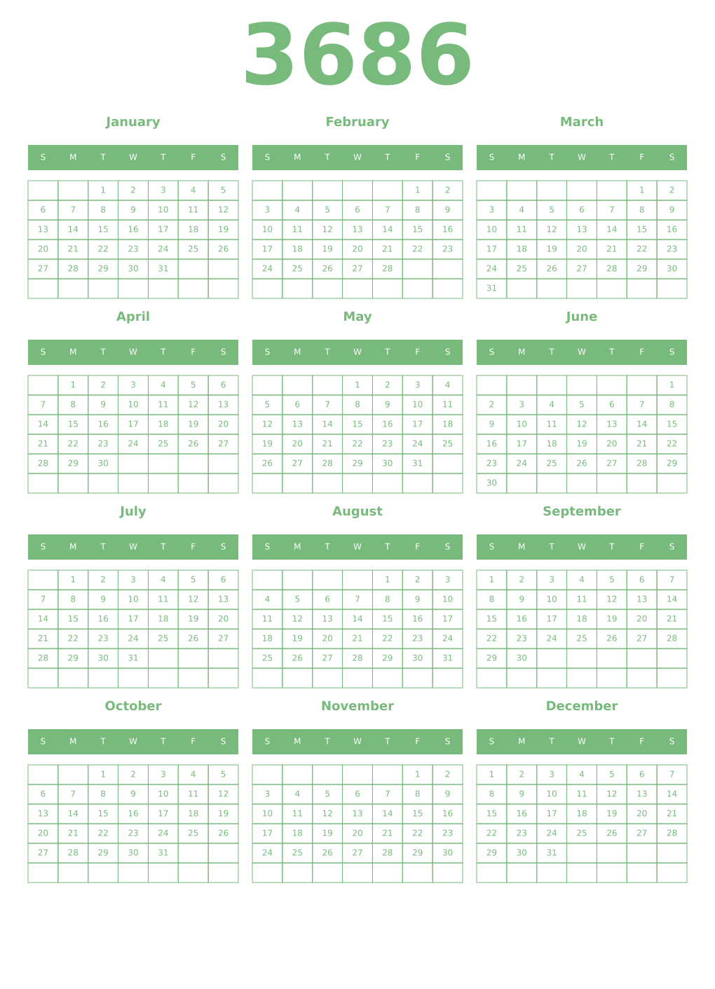 Printable 3686 Year Calendars celadon