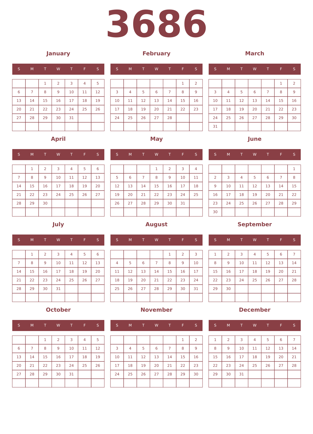 Printable 3686 Year Calendars cordovan