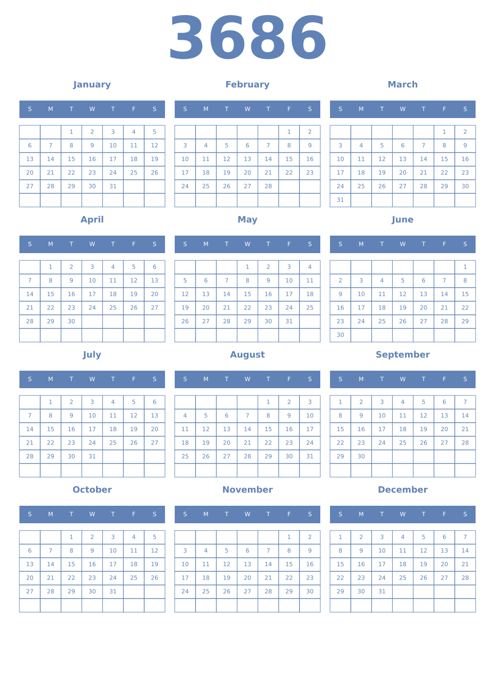 Printable 3686 Year Calendars glaucous