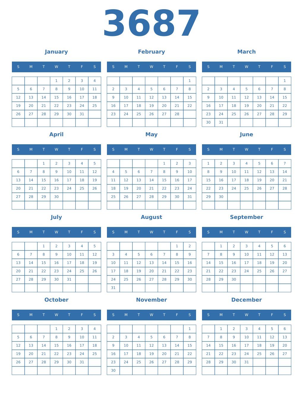 Printable 3687 Year Calendars blue